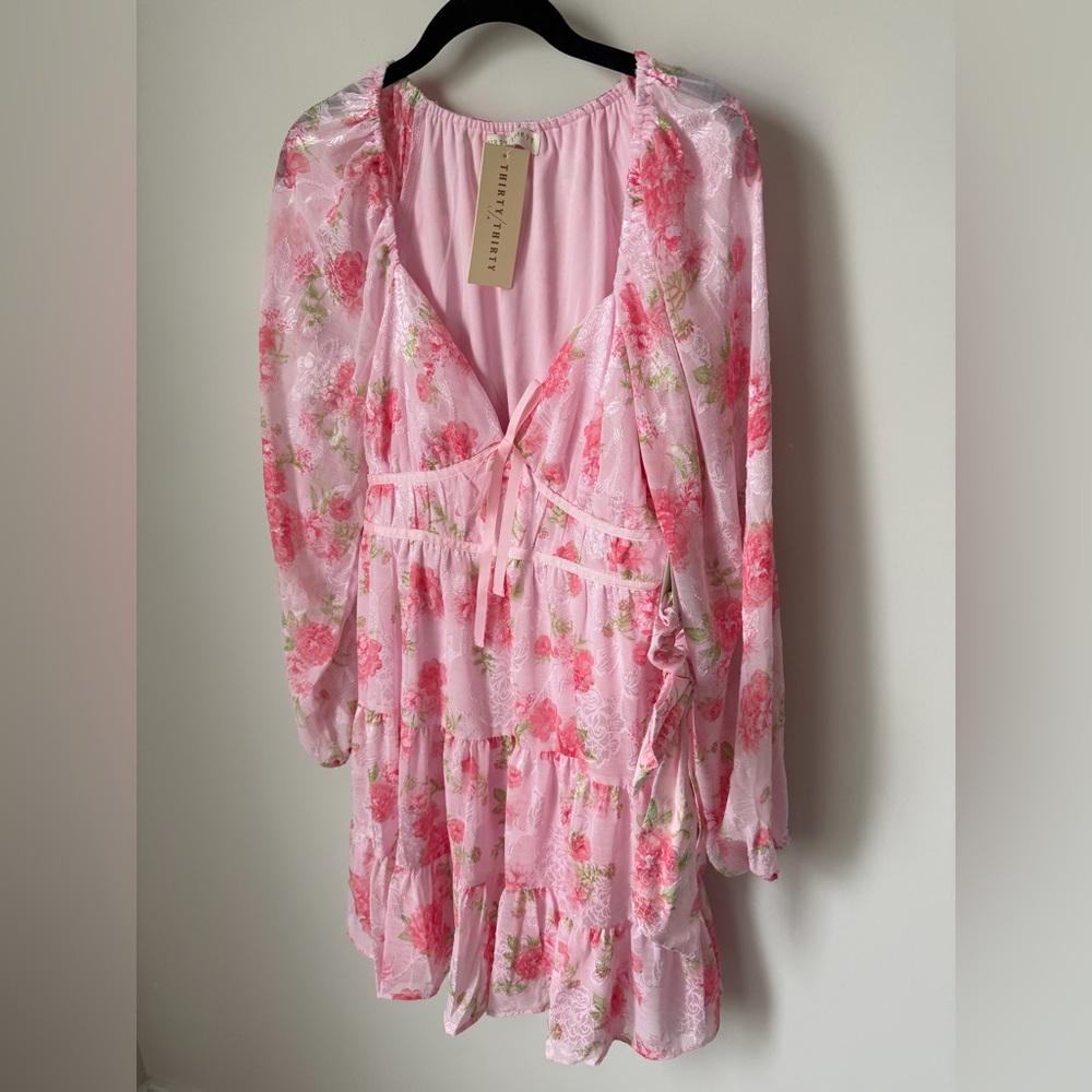Pink Floral Ruffle Long Sleeve Mini Dress and hair bow matching set